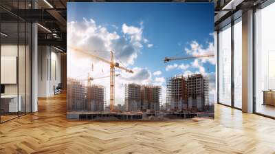 A building real estate of a condominium, hotel, flat, or apartment under construction with industrial cranes on a clear sky background. Generative AI. Wall mural