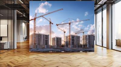 A building real estate of a condominium, hotel, flat, or apartment under construction with industrial cranes on a clear sky background. Generative AI. Wall mural