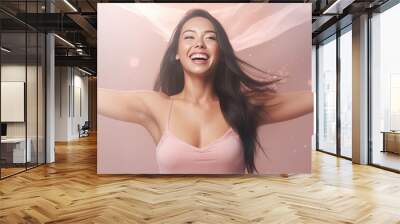 a charming smile and relaxed demeanor, a pretty lady in an underwear dress raises her arms wide, revealing smooth armpits against pastel pink old rose background. generative AI. Wall mural