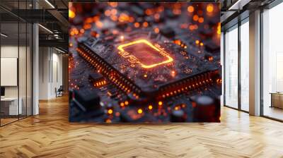 A close up detail of a computer chip, is surrounded by a black circuit board, or artificial intelligence system with an orange glowing light. Wall mural