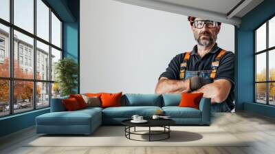 A close-up portrait captures the smiling face of a Caucasian construction worker against a plain white background. Wall mural