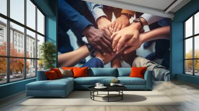 A close up top view shot of multinational business people joining hands together, teamwork build up concept. Generative AI. Wall mural