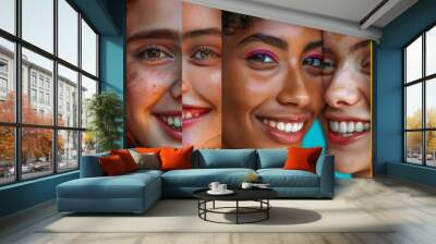 A collection of portraits featuring young, smiling women with diverse facial expressions, showcasing cultural diversity, various ethnicities, and different ages. Wall mural