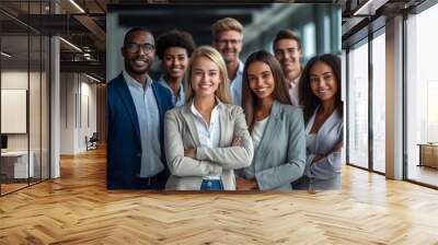 A diverse group of businesspeople poses for a professional team photo, exuding confidence and professionalism, while looking smart and impeccable. Generative AI. Wall mural