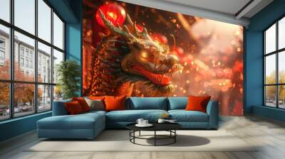 a dynamic dragon dance unfolds, showcasing the dragon's graceful movements and shimmering colors amidst the excitement of festive revelry. Wall mural