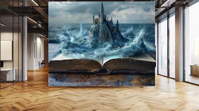 A fantasy novel book opened and laying flat on a wooden table, a miniature castle of a great kingdom with mist and fog appeared from the book. Wall mural