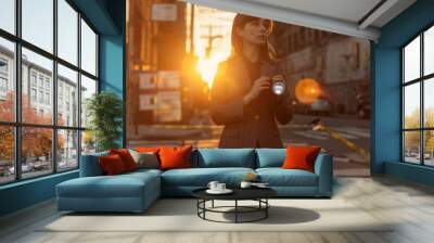 a female detective engaged in investigative activities, using tools like magnifying glasses and examining documents in a city environment. creating a mysterious and thrilling mood. Wall mural