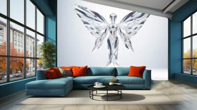 A female form statue with 2 big wings which is made of diamond, posing in a perfect stretching arms posture with majesty and confidence. Generative AI. Wall mural