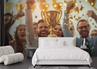 A golden trophy symbolizes success as a team member is honored with applause, embodying the spirit of employee appreciation and achievement. Wall mural