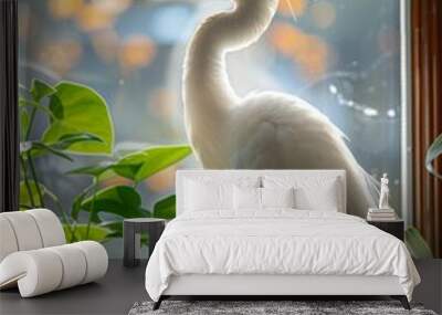 A graceful white heron stands beside an indoor potted plant, set against a blurred bokeh backdrop. Wall mural