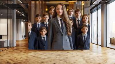 A group of children dressed in business attire standing confidently in an office setting. Their serious expressions and professional appearance emphasize ambition and leadership. Wall mural