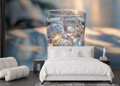 A highball or Collins glass full of pure sparkling water with ice cubes is settled on the water surface or a puddle of water with reflection. On the rock. Wall mural