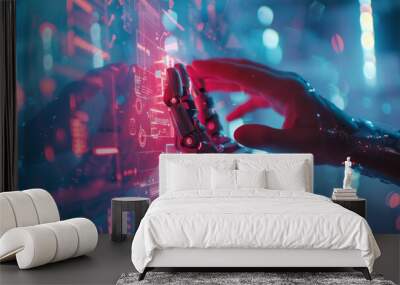 A illusion connection of cyborg robot hands are featured against a uniform background, illuminated by holographic technology and captivating light effects. Wall mural