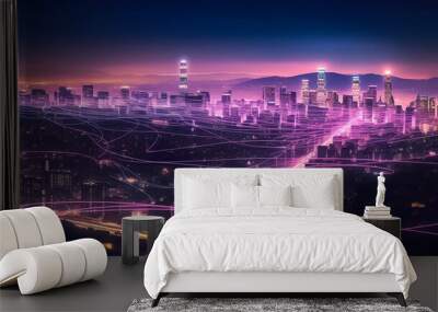 a mesmerizing urban landscape where the future meets artistry. Vivid purple and pink tones create a striking ambiance, enhanced by a digital line network and web effect generative AI. Wall mural