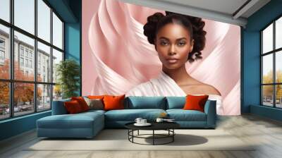 A portrait of a young and beautiful black  woman wearing a white top with natural Afro hairstyle isolated  on a pink background with an abstract texture pattern. Generative AI. Wall mural