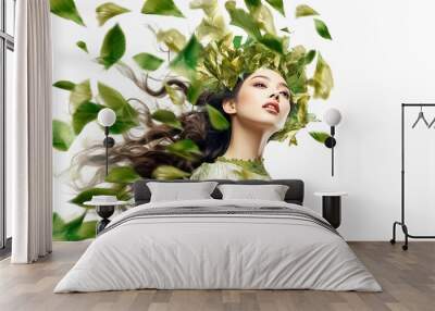 A portrait of beauty woman with nature green leaf, Asia face perfect healthy glow skin on white background. Generative AI. Wall mural