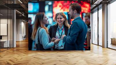 a post-fair gathering as people wearing business casual attire share smiles and laughter while conversing at an exhibition booth. Captured candidly with a wide-angle lens. Wall mural