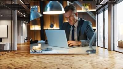 A serious businessman, clad in a business suit, sits alone at his office desk, deeply engrossed in planning strategy as he works on his laptop with intense focus. Wall mural