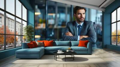 A serious businessman, clad in a business suit, sits alone at his office desk, deeply engrossed in planning strategy as he works on his laptop with intense focus. Wall mural