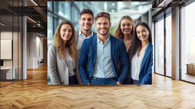 a show of unity, a row of Caucasian businesspeople poses for a group photo, showcasing their collective vision for the successful business corporation. generative AI. Wall mural