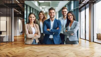 a show of unity, a row of Caucasian businesspeople poses for a group photo, showcasing their collective vision for the successful business corporation. generative AI. Wall mural