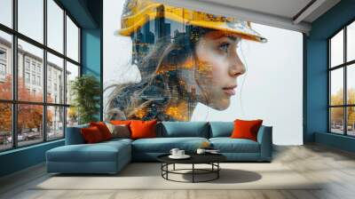 A Side portrait of a young female engineer with a ponytail wears yellow safety hard helmet with double exposure of construction and technology system on face, isolated on white background. Wall mural