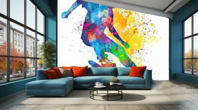 a skateboarder in action, painted in a vibrant watercolor style with colorful splashes highlighting the intensity and movement on a white background. Wall mural