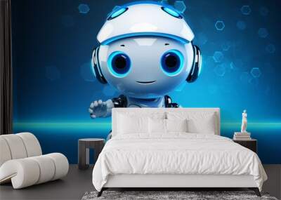 A smiling cyborg android, depicted as a happy little white robot, exudes a futuristic charm. Wall mural