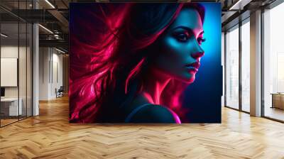 A stylish lady with vibrant multitude of neon red blue color fashion accessories, takes center stage in a close-up portrait against a lively background. Generative AI. Wall mural