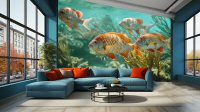 a vibrant coral reef thrives with schools of tropical fish in vivid hues. Swirling kelp forests and curious sea creatures bask in rays of sunlight breaking through the water's surface. Wall mural