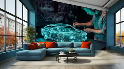 A virtual car 3D hologram structure designed by an engineer, created using high-tech virtual tools. generative AI. Wall mural