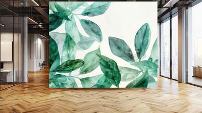 a Watercolor waterpaint adorned with defocused green leaves and yellow leaves arrangement for banner advertisement, adding a touch of allure and vibrancy to marketing visuals. Wall mural