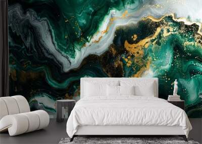 Abstract background or wallpaper of green gold, and white ink like liquid fluid painted painting texture marble stone in luxury theme. Wall mural