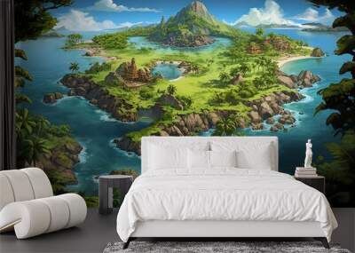 Aerial shot reveals tranquil summer landscape, winding road amidst green forests and shimmering blue lake. Wall mural