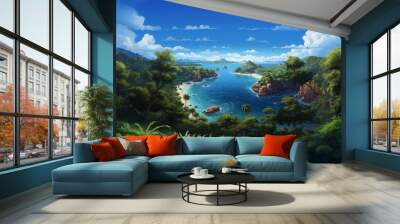 Aerial shot reveals tranquil summer landscape, winding road amidst green forests and shimmering blue lake. Wall mural