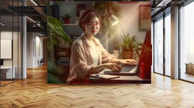 Amidst vivid orange light effects, a young technologist woman works diligently on her laptop indoors, seamlessly blending technology into her life. Generative AI. Wall mural