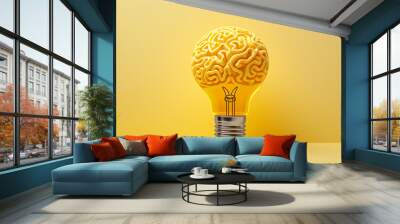 An abstract concept of a brain in a light bulb standing on display, isolated on a yellow background. New creative idea. Generative AI. Wall mural