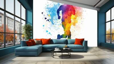 An artistic illustration of a runner, painted in a vibrant watercolor style with energetic splashes of color that convey movement and excitement on a white background. Wall mural