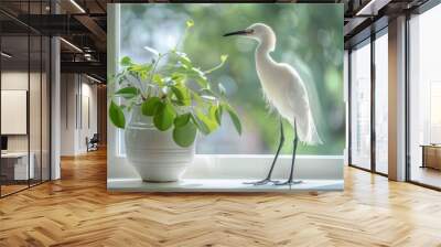 An illustration of an animal, a white heron, that has a yellow beak, two long legs, and two beautiful white wings, standing beside a plant pot during a fireworks celebration at night. Wall mural