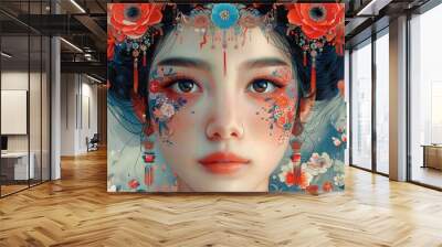 Ancient Chinese girl in Hanfu or traditional outfits and various accessories in Tang dynasty looking at the center with a plain face colorful portrait painting. Wall mural