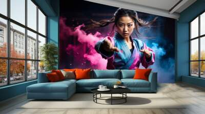 Asian girl in fighter suit radiates vibrancy with added light magenta blue tones, complemented by touch of subtle smoke, creating dynamic ethereal atmosphere. Generative AI. Wall mural