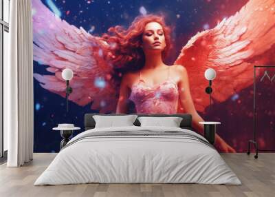 Believed to possess supernatural powers, an Asian girl angel embodies serenity and wisdom. generative AI. Wall mural