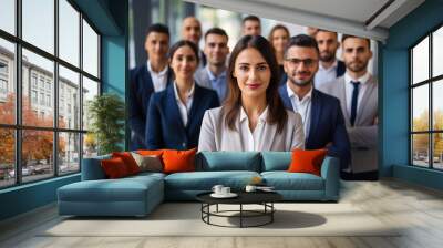 business girl heads a colossal corporate company alongside the executive chief, leading a diverse team of professionals with a dynamic and inclusive approach. Generative AI. Wall mural