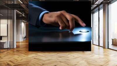 Businessman hand pressing a digital smart button on a screen during a business meeting, actively engaging with a technological device. Generative AI. Wall mural