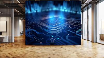 Close up of a blue digital circuit board, with several components and wires visible wallpaper with glare light, Generative AI. Wall mural