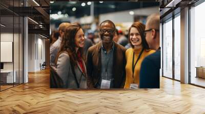 Close up picture of a happy and laughing staff or participant people group listening to a startup business owner at a trade show exhibition event. Generative AI. Wall mural