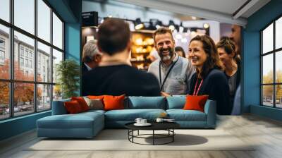 Close up picture of a happy and laughing staff or participant people group listening to a startup business owner at a trade show exhibition event. Generative AI. Wall mural