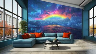 Cloud fairytale, where celestial wonders of vibrant rainbow and glistening Milky Way converge in a symphony of colors and light, Wall mural