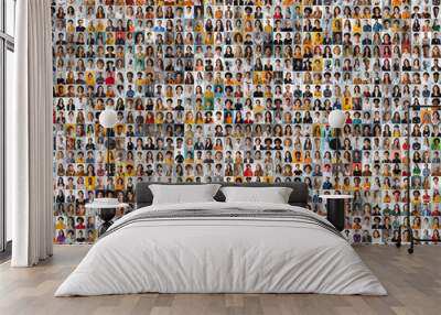 collage of headshots showcasing a diverse range of smiling women and men from various genders, ages, career and cultural backgrounds, set against a plain blackground. Wall mural