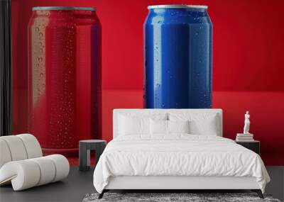 Compares two soda brands, symbolized by red and blue cans, highlights their differences in flavor, branding, target markets, exploring how these factors shape consumer preferences. Wall mural